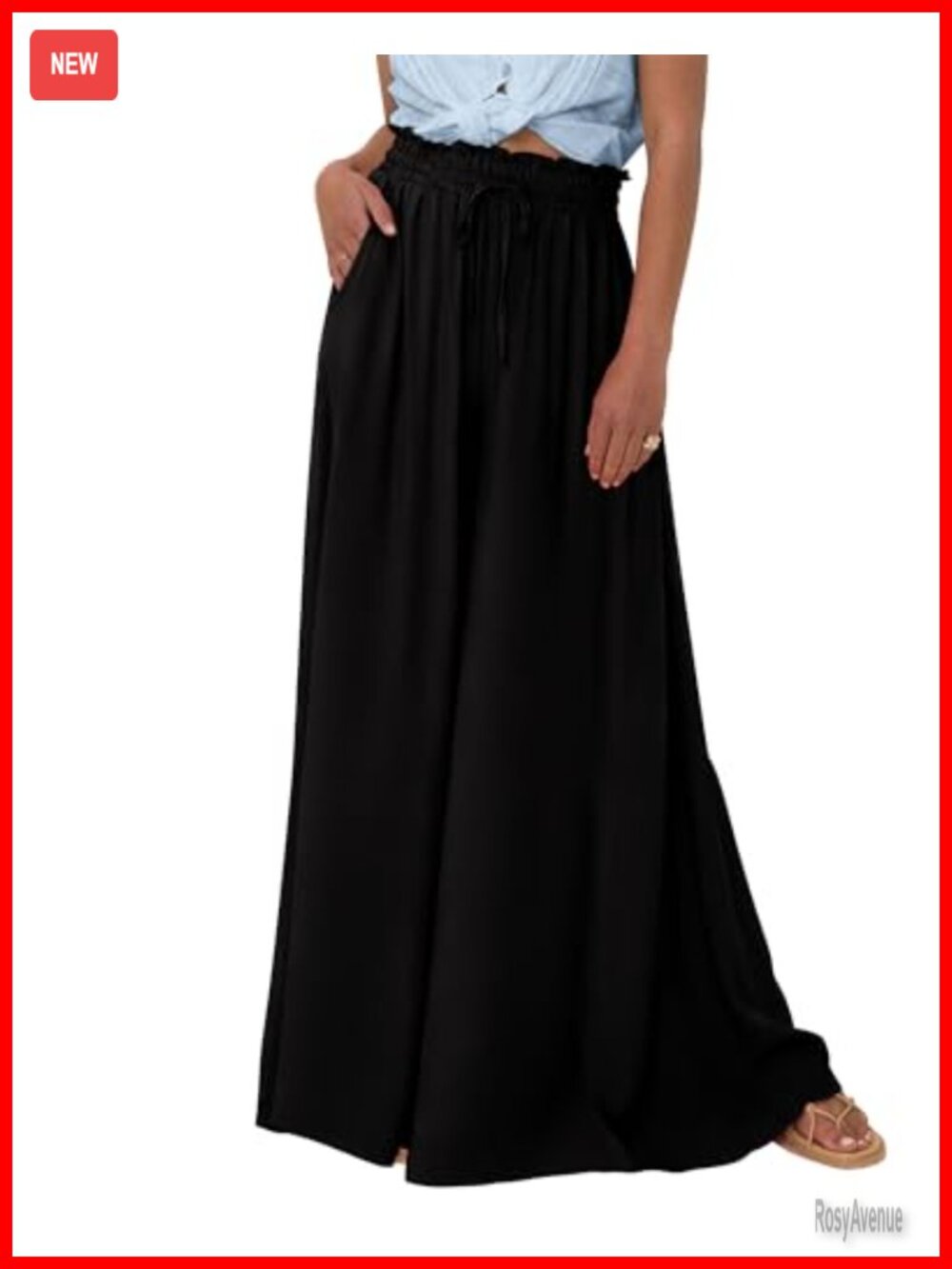 Wide Leg Flowy Palazzo Pants Drawstring Elastic Waist Side Pockets